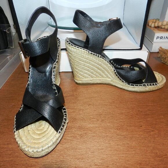 Joie Lena Black Leather Espadrille Wedge Sandals Ankle Strap size EU 38 - Picture 2 of 12